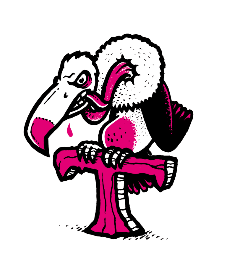 Teils rosa Geier, der auf einem Rosa T sitzt.