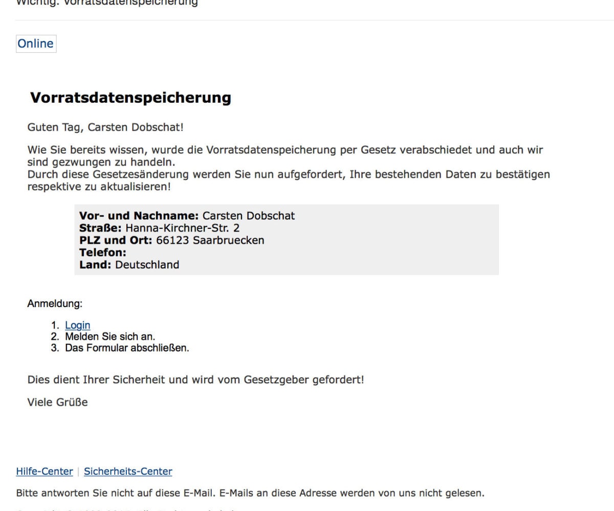 Paypal-Vorratsdatenspeicherungs-Phishing Paypal-Vorratsdatenspeicherungs-Phishing