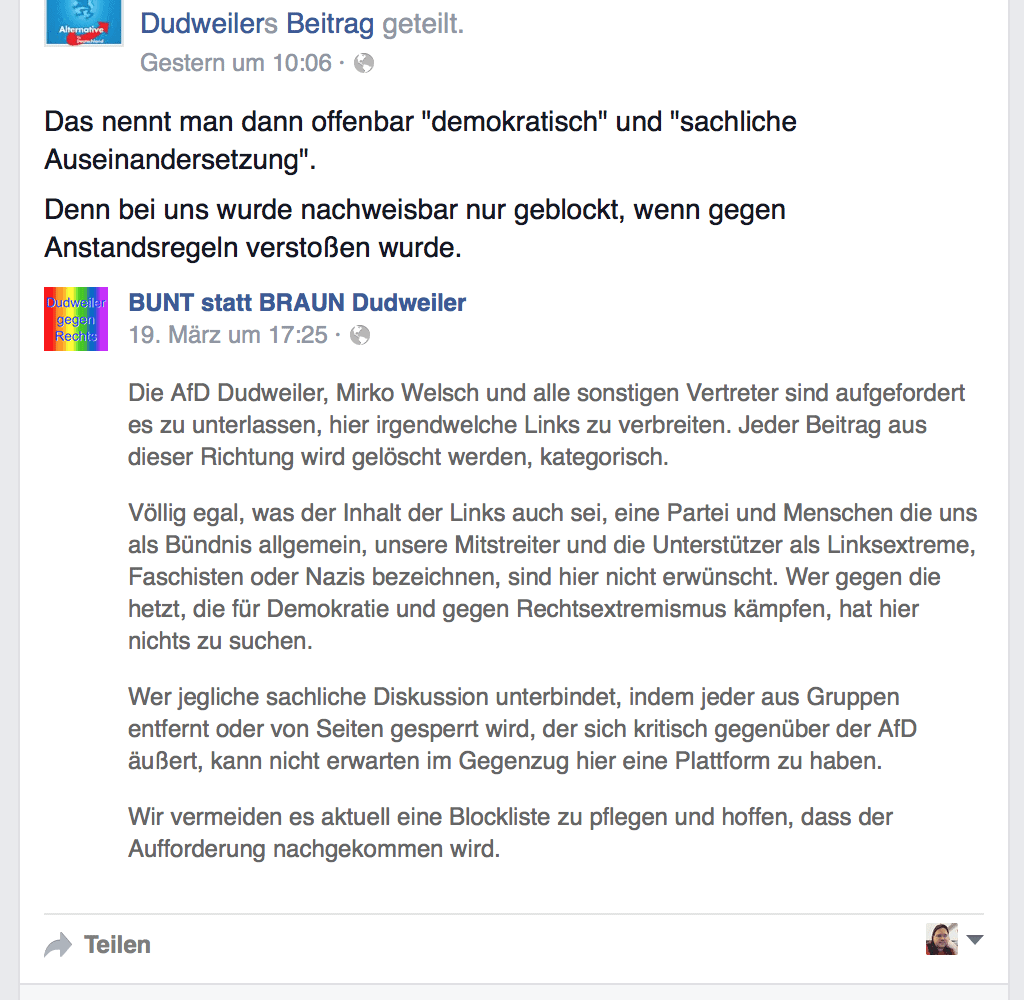 AfD Dudweiler: Andere Meinungen sind unanständig